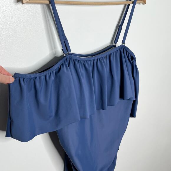 Pink Blush Womens One Piece Swimsuit 1X Blue Ruffle Trim Ruched Maternity - Picture 6 of 13